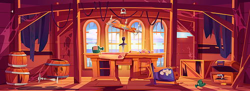 Abandoned pirate captain ship cabin. Broken room interior, game background with damaged corsair stuff. Table with bottle, map, cracked treasure chest, ragged curtains, Cartoon vector illustration