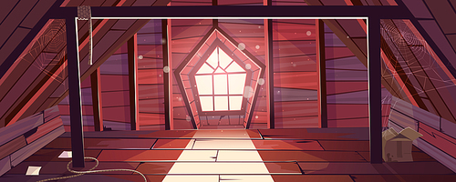 House attic interior, empty old mansard room with arched gothic window and spider webs. Spacious light place on roof with wooden beams, wood floor, architecture, dwelling. Cartoon vector illustration