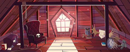 Old house attic with vintage furniture, toys and books. Wooden mansard room with window, spiderweb and flying dust. Garret interior with chair, chest, elk horns, vector cartoon illustration