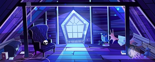 Night attic with skull on armchair, cobweb in dark corners, scary owl, old staff on floor and moon shining through window. Spooky Halloween atmosphere in abandoned room. Vector cartoon illustration