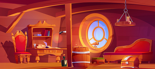 Pirate ship cabin interior with table, chair, sofa, telescope, treasure chest, barrel and bottle. Empty captain room on boat with wooden beams and porthole, vector cartoon illustration