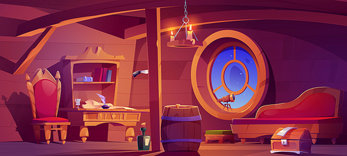 Pirate captain ship cabin. Wooden room interior with corsair stuff. Parchment and feather pen on table, chair, barrel, bottle of rum, treasure chest, spyglass, round window Cartoon vector illustration