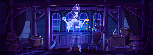 Pirate ghost in cabine on ship at night. Abandoned room with spooky captain corsair holding coin. Scary dark interior halloween vector background cartoon illustration with female character.