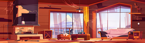 Abandoned wooden chalet interior with mountain view. Vector cartoon illustration of messy room with old broken furniture, spider web on walls, damaged fireplace, spilled wine bottles, dust on shelves