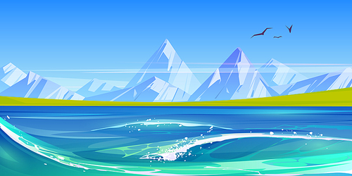 Ocean or sea waves with white foam, nature landscape with flying birds in blue sky, green field and rocks around water surface. Summer day tranquil seascape background, Cartoon vector illustration