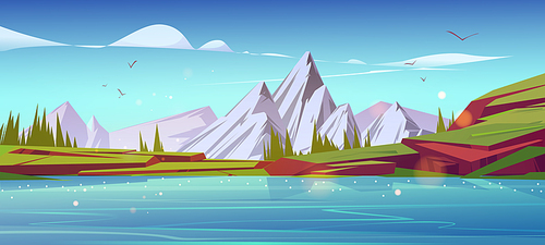 Mountain landscape, nature background with water pond, snowy peaks, green grass on rocks and conifers. Calm lake and spruces under blue sky with clouds, cartoon scenery view, Vector illustration