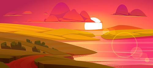 Summer landscape with river and fields at sunset. Vector cartoon illustration of countryside with farmlands, green hills, lake with strait, road and sun on horizon at evening