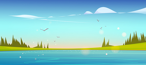 Lake, green grass and coniferous trees on coast in morning. Vector cartoon illustration of summer landscape with blue water, meadows, forest and flying birds