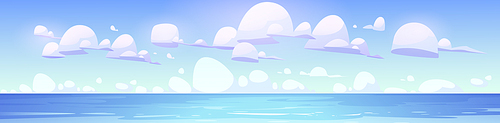 Panorama of sea with calm water surface and clouds in sky. Vector cartoon illustration of panoramic landscape of ocean bay, harbor or lake in daytime. Tropical seascape and marine horizon