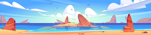 Sea beach landscape with stones and small sand island in water. Vector cartoon illustration of panorama of ocean or lake coast with rocks, seagulls and clouds in sky