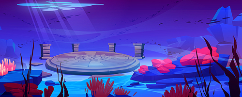 Sea bottom with ancient architecture or atlantis civilization artifacts, round stone plate or portal with pattern and columns. Game background with underwater ruins, Cartoon vector illustration