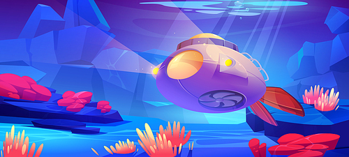 Submarine at underwater sea landscape with aquatic plants. Ocean bottom with bathyscaphe with propeller and searchlight, corals and actinias under falling sun beams, Cartoon vector illustration