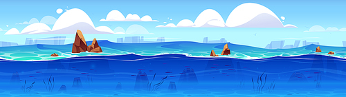 Ocean or sea underwater background cross section view and cloudy sky. Sandy bottom, rocks, weeds and fishes swimming under water surface, marine scene, Cartoon vector illustration, game background