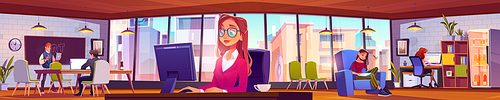 People work in office or coworking area. Relaxed creative team sitting at desks and armchairs in modern space with wide windows developing business idea or project Cartoon vector illustration