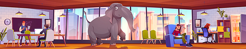 Elephant in office with working businesspeople. Company employees, work at desks ignoring huge animal in room. Concept of ignore obvious problem and unpleasant issues, Cartoon vector Illustration