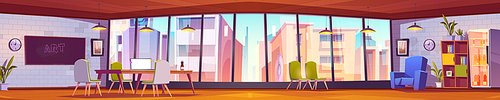 Modern open plan office, cartoon interior. Panoramic view of large workspace with glass wall, comfortable furniture for creativity. Urban cityscape with skyscrapers seen through window. Vector design