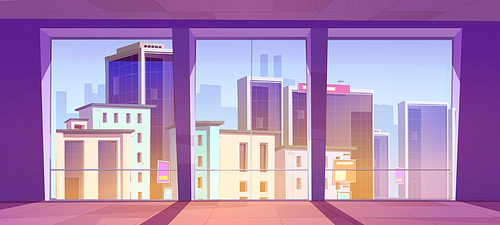 Empty office with large panoramic windows and urban view seen through glass. Modern open space premises, studio apartment, corridor or hall. Real estate rental in big city. Cartoon vector illustration