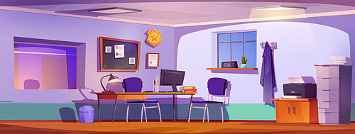 Detective office interior at night time. Police workplace cabinet with computer on desk, board with evidences of crime, window into interrogation room and coat on hanger. Cartoon vector illustration