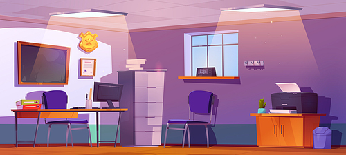 Police office interior design. Cartoon vector illustration of room with desk, chairs, blackboard and golden badge on wall, criminal cases in folders, computer. Detective or investigator workplace