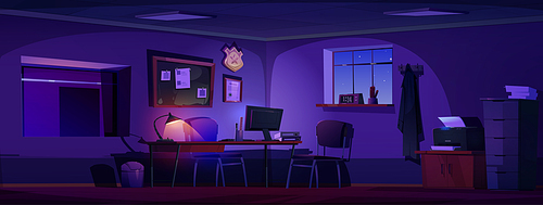 Police department office interior at night. Empty dark room in police station with desk with computer and lamp, window to interrogation room and blackboard, vector cartoon illustration