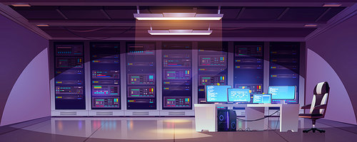 Data center room with server racks, computer monitors on desk and chair. Vector cartoon interior of information storage office with control panel, hardware for network and hosting service