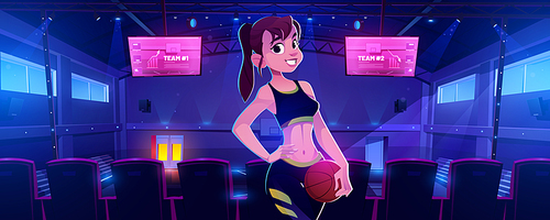 Girl basketball player posing with ball in hand and arm akimbo in indoor court at night. Cartoon sportswoman character in dark high school or college gymnasium sports arena, Vector illustration