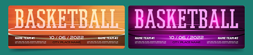 Tickets for basketball game, invitation for visiting international or school league tournament. Stylish pass coupon design with information city, team name and date of playing, Vector illustration