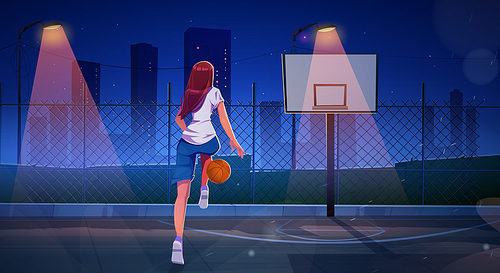 Girl playing basketball on outdoor court at night. Fit sportswoman character run with ball at fenced stadium at house yard, high school or college sports arena with hoop, Cartoon vector illustration