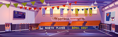 School court interior with soccer or football equipment. Sports arena for team games with gates, marked floor, scoreboard and empty fan sector seats. Indoor stadium, Cartoon vector illustration