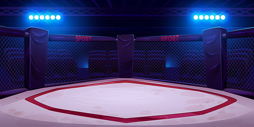 Empty boxing ring with ropes, illuminated with bright spotlights. Cartoon vector illustration of arena for fighting, wrestling, training and competition. Sports match, betting announcement background