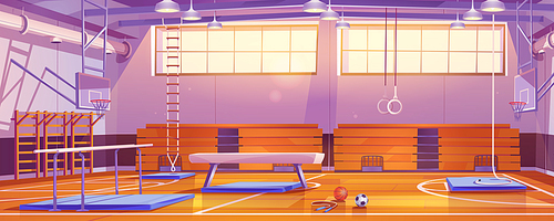 School gymnasium with sport equipment, basketball and soccer balls, baskets on walls, bars, tribune and pommel horse. Empty gym court with sport accessories, vector cartoon illustration