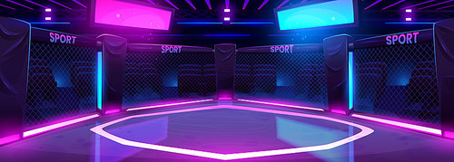 Cartoon boxing ring illuminated with neon lights. Vector illustration of arena with ropes for sports competition, wrestling match, night show. Empty seats, blank score screens. Betting app background