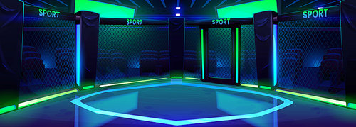 Cartoon boxing ring illuminated with neon lights. Vector illustration of arena with ropes for sports competition, wrestling match, night show. Empty seats, blank score screens. Betting app background