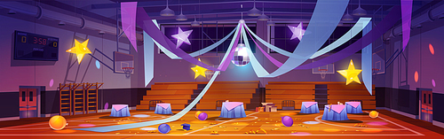 Mess in empty school gym after dance party. Vector cartoon illustration of chaos in sports hall after college prom or graduation ceremony. Disco ball, stars and ribbons decoration, confetti on floor