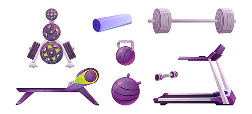 Cartoon set of gym workout equipment isolated on white background. Vector illustration of yoga mat, barbell, dumbbell, weight plate, bench, fitball, treadmill for fitness exercising. Healthy lifestyle