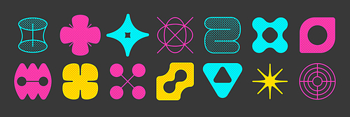 set of colorful brutalism shapes isolated on black background. vector illustration of abstract flower, rhombus, star, curve figures in yellow,  and blue colors. 90s retro bold geometry symbols