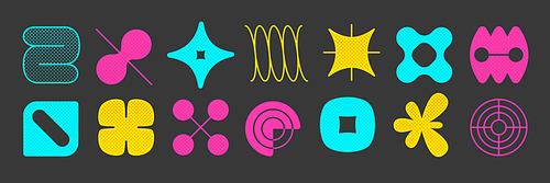 set of colorful brutalism shapes isolated on black background. vector illustration of abstract flower, rhombus, star, curve figures in yellow,  and blue colors. 90s retro bold geometry symbols