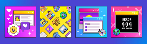 Set of old software windows, y2k vaporwave style. Vector illustration of retro chat messenger with chamomile smiley, media player, 404 error warning screens and colorful pattern with emoji pattern