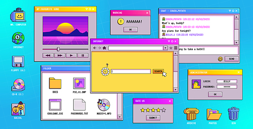 Retro software windows on computer desktop. Vector illustration of chat messenger, media player, internet connection, login, system error warning boxes, folder and document icons. 90s style design