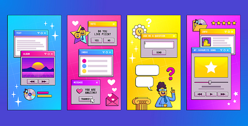 Retro story design template with computer message window cartoon vector illustration set. Vintage 90s vertical media post with daisy flower. Funky vaporwave ig ask me question layout with gradient.