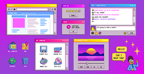 Retro computer screen interface in 90s graphic style. Digital graphic interface of desktop PC with windows, browser, chat and folder in y2k style, vector cartoon illustration