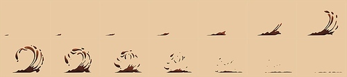 Coffee splash, hot chocolate or cocoa wave with swirl and drops. Animation sprite sheet with brown drink splash effect, vector cartoon set isolated on background