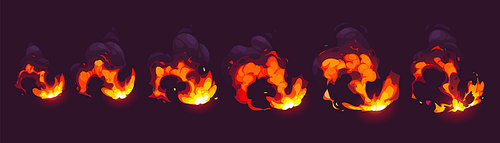 Explosion fire animation set on black background. Vector cartoon illustration of flame burning with cloud of smoke. Bomb blast, war attack, accident crash, manmade disaster effect. Sprite sheet
