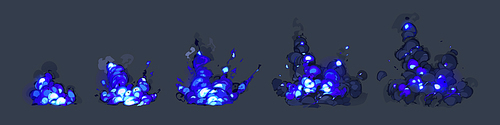 Cartoon animation set of blue explosion and smoke clouds isolated on black background. Vector illustration of boom effect, bomb blast trail with dust, gas, fume rising in air. War game design elements