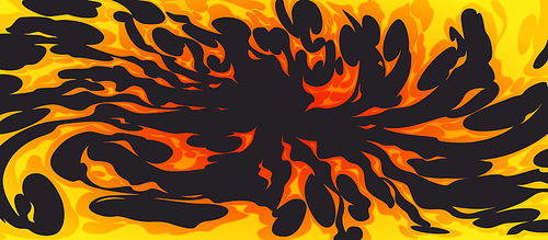 Comic fire on black background. Vector cartoon illustration of flame burning in orange yellow colors. Bomb explosion, wildfire perspective view, clouds of magic energy, tornado effect, dragon attack