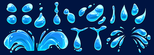 Cartoon set of water drops and splashes isolated on black background. Vector illustration of blue rain droplets, tears, shower spray, dew blobs, symbol of moisture, wet surface design elements