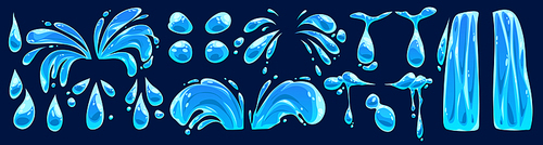 Cartoon water tear vector icon set vector. Liquid drop graphic with splash, puddle, falling waterfall and teardrop symbol isolated on dark background. Simple clean splatter motion fluid design.