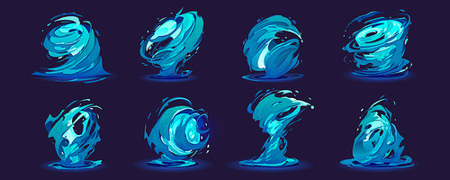 Cartoon sprite sheet of water tornado animation set on dark background. Vector illustration of neon blue wind storm vortex, magic power vfx effect. Natural disaster design elements for game ui