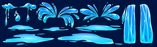 Cartoon set of water splash, puddle, drops, waterfall, river flow isolated on dark blue background. Vector illustration of liquid spray droplets, rain, tears, aqua explosion, spill on wet surface