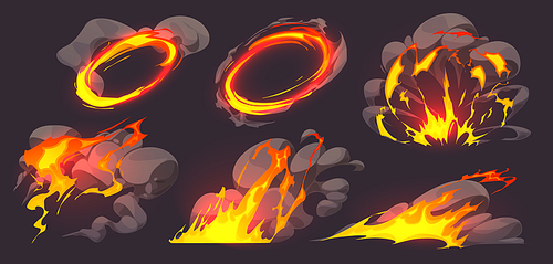 Game effect of fire, flame animation with smoke clouds. Comic blast, bomb explosion, magic burst with yellow fire splashes and smoke, vector cartoon illustration